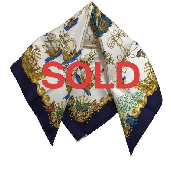 HERMES Carre 90 - White Dark Navy Multi Scarf 312-052625 - Picture 1 of 6